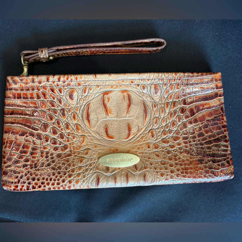Brahmin Croc-Embossed Wristlet in Tan with Gold Plaque